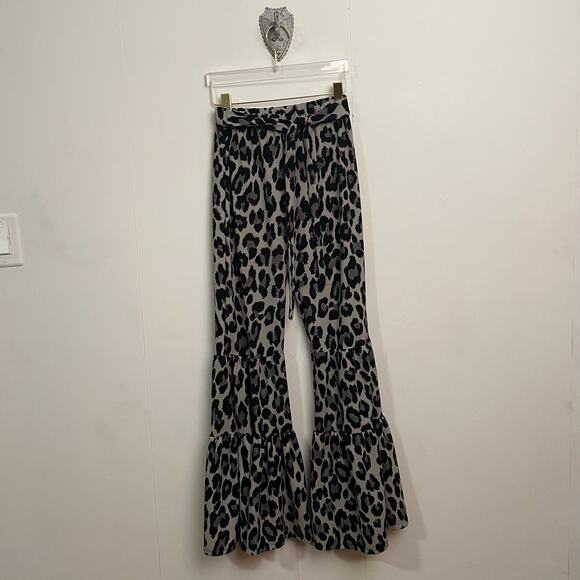 90s Vintage S/M cheetah print flare bell bottoms Y2K black gray pant belt party - Picture 1 of 7